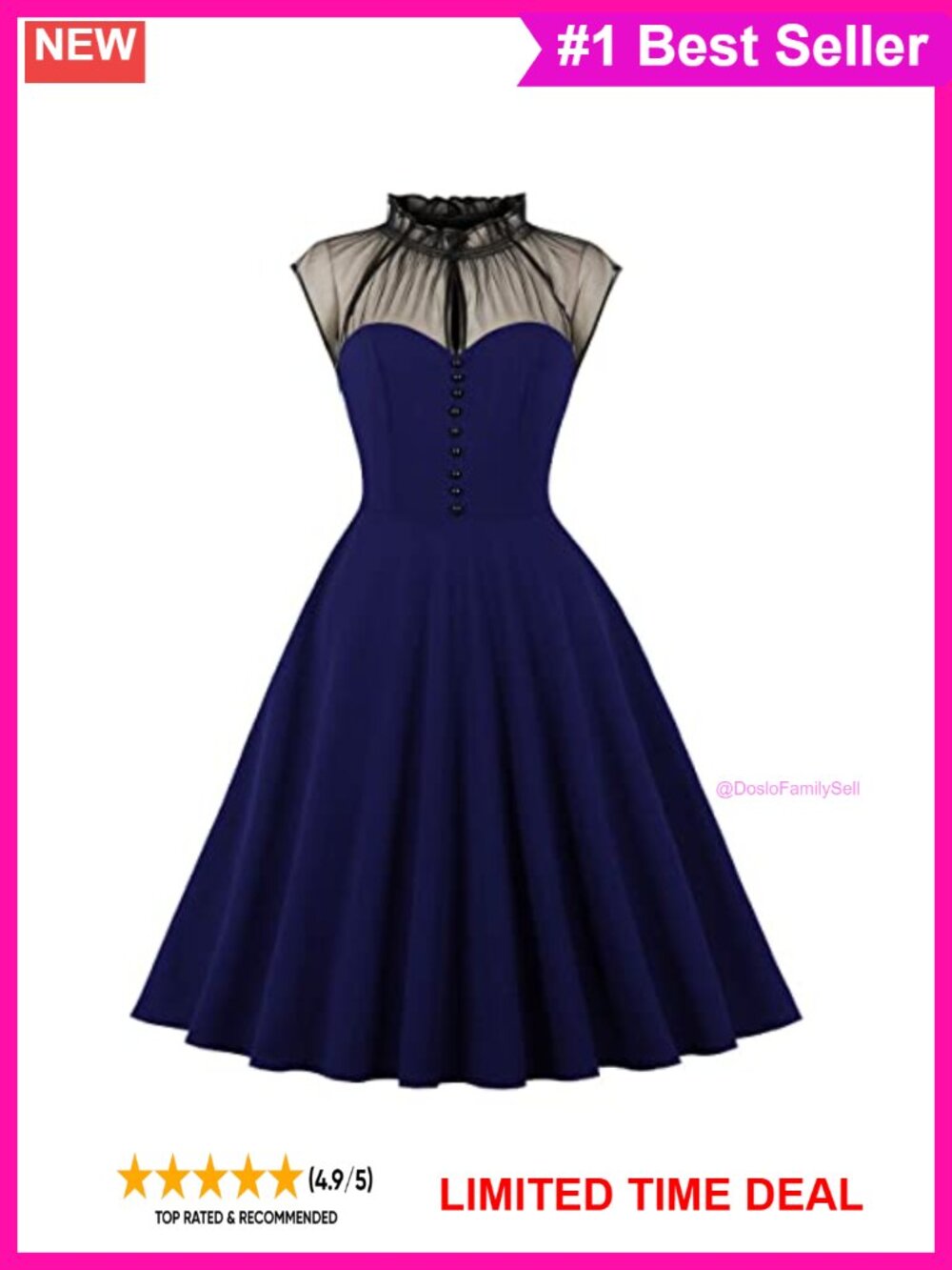 Vintage 50s Mesh Sleeve Swing Dress High Neck Goth Cosplay